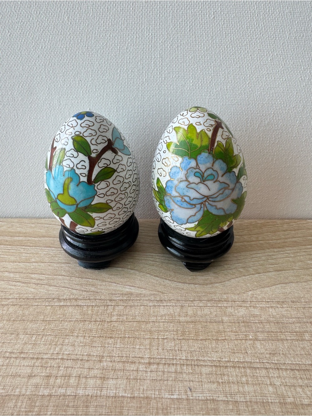 Vintage Cloisonné Enamel Decorative Egg Figurines w Wood Stands Set of 2 Floral